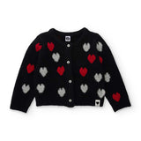 Cardigan nero con cuori rossi e argentati per bambina