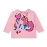 Maglia rosa manica lunga con stampa dinosauri colorati e cuori