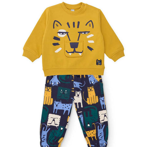 Tuta felpa gialla con stampa tigre e pantaloni con fantasie colorate di tigri