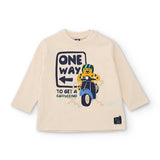 T-shirt manica lunga color crema con stampa di tigre su scooter e scritta One Way