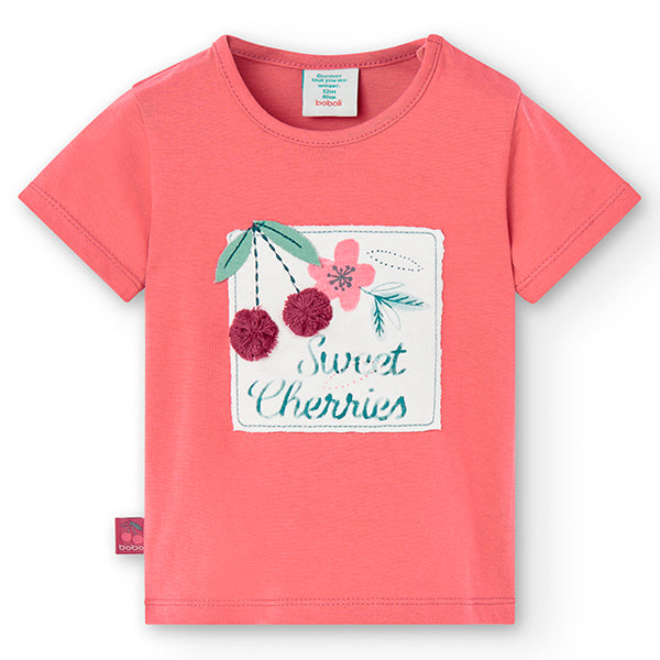 Maglietta della Linea Abbigliamento Bambina Boboli, con stampa sul davanti e fiori in tessuto app...