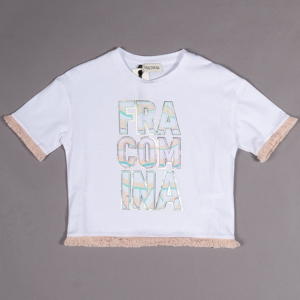 
T-shirt della Linea Abbigliamento Bambina Fracomina, con stampa colorata sul davanti e frange su...