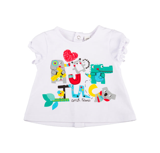 
  T-shirt della linea abbigliamento bambina Tuc Tuc manica corta con stampe sul davanti e abbott...