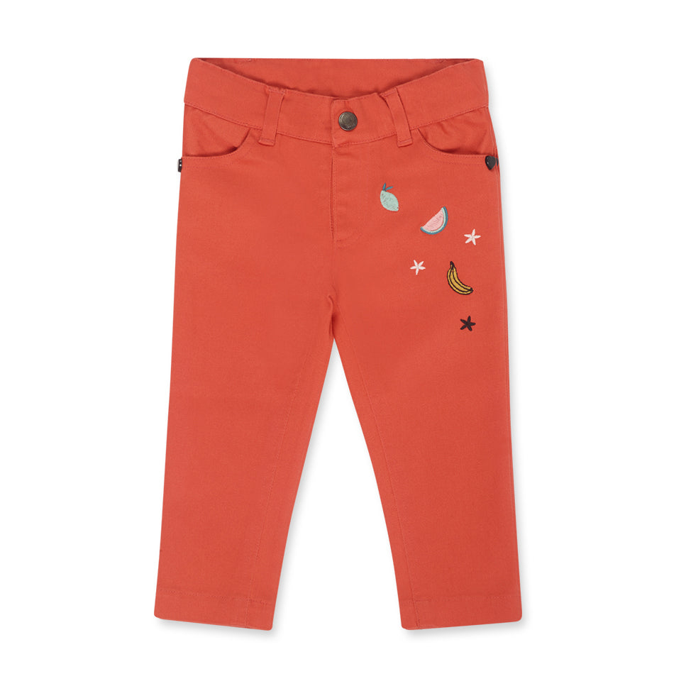 Pantalone in tessuto denim della Linea Abbigliamento Bambina Tuc Tuc, con ricami di frutta colora...
