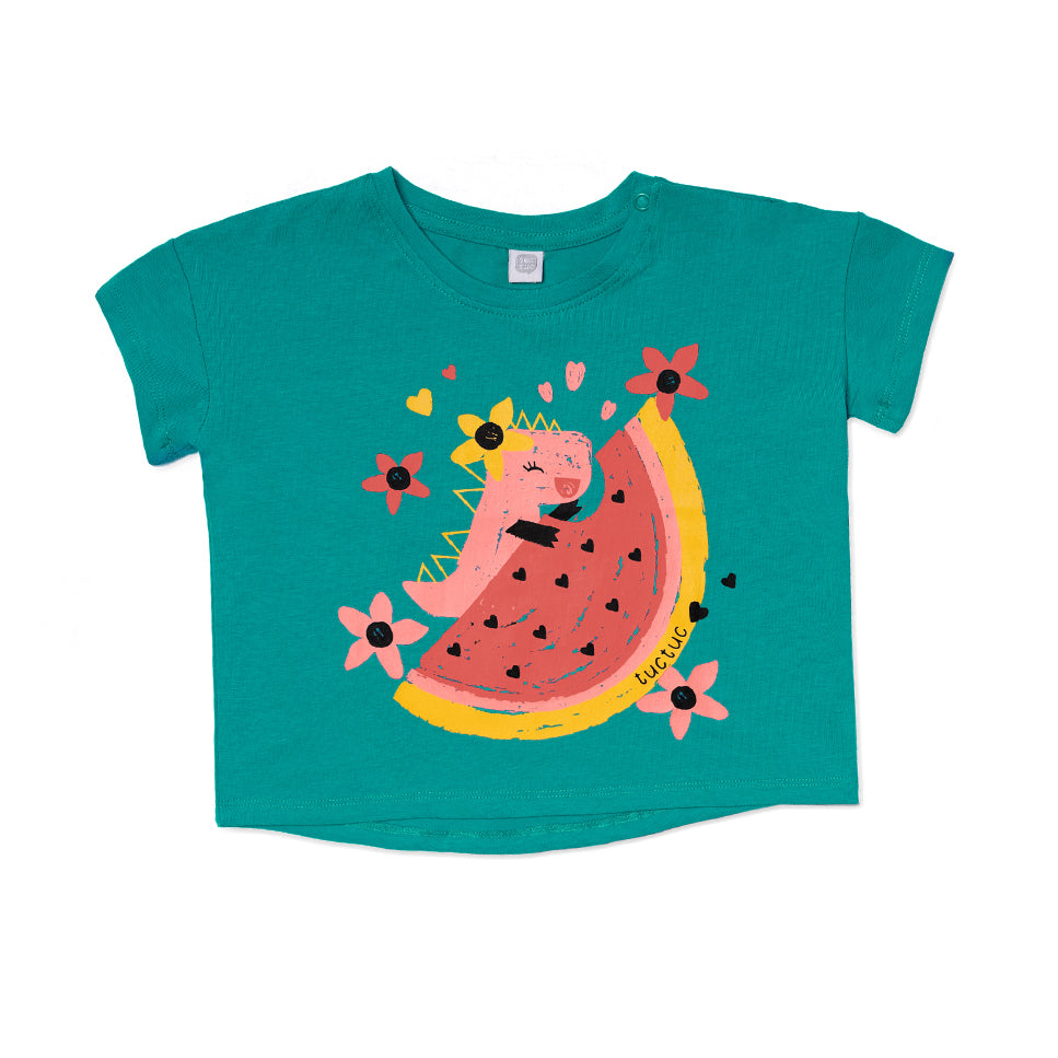 T-shirt della Linea Abbigliamento Bambina Tuc Tuc, con stampa colorata sul davanti e bottoncino a...
