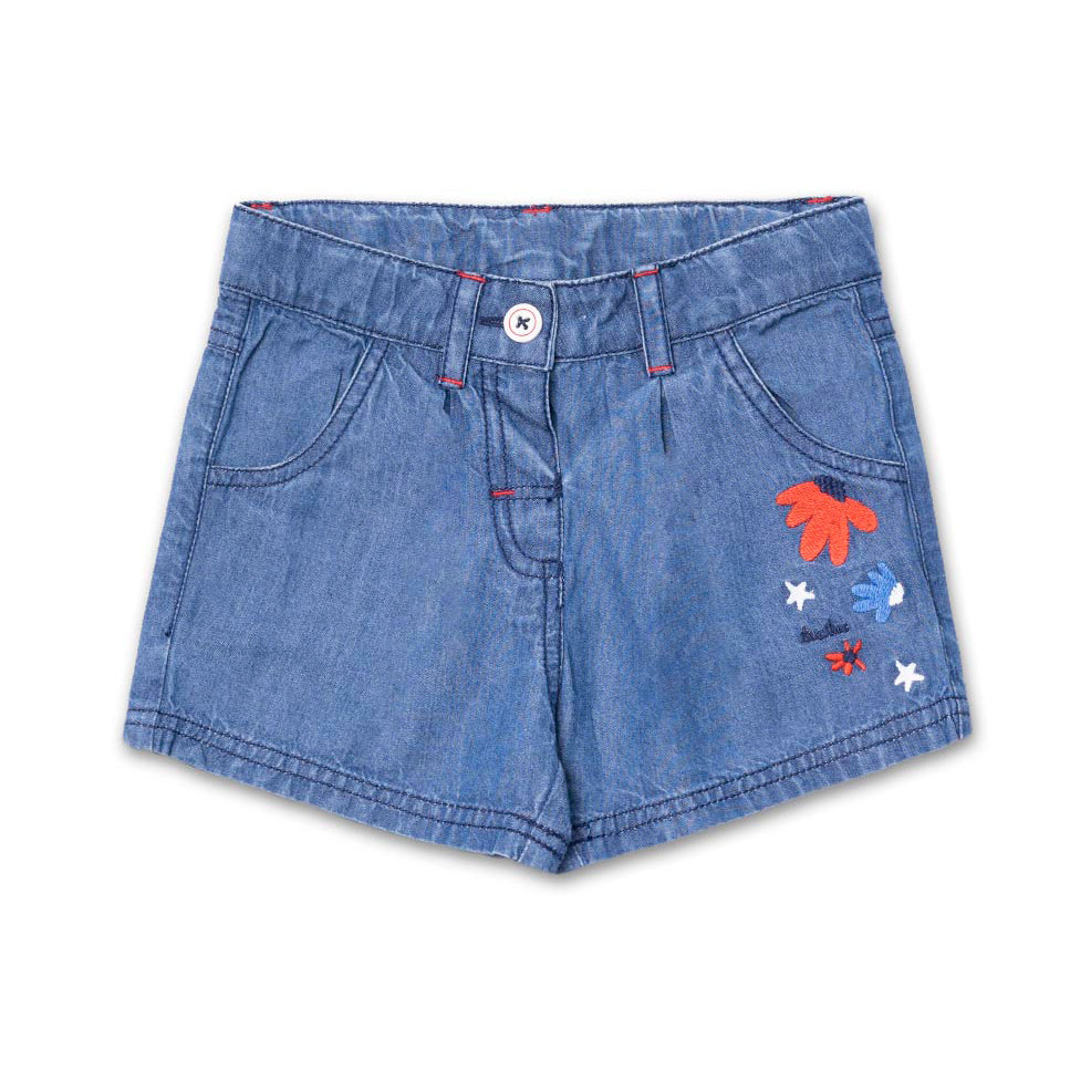 
Shorts della Linea Abbigliamento Bambina Tuc Tuc color denim con ricamo di fiori colorati su un ...