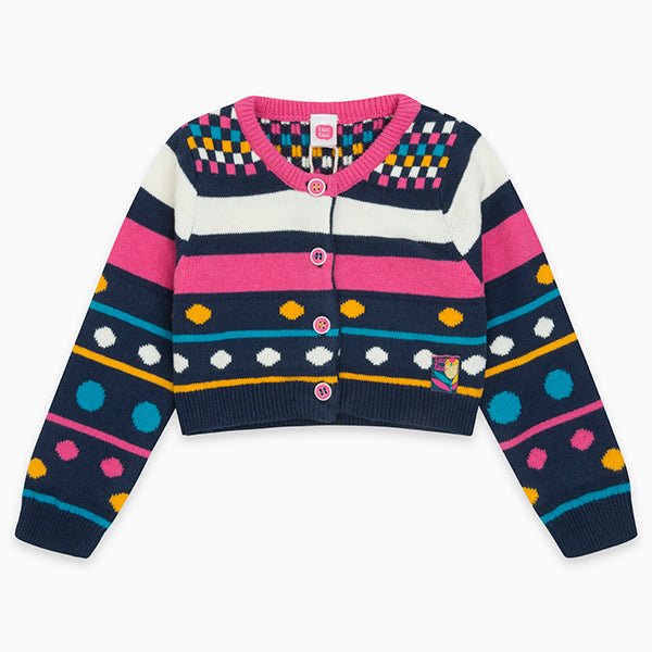 
  Cardigan della Linea Abbigliamento Bambina Tuc Tuc con fantasia a righe e pois multicolor.
