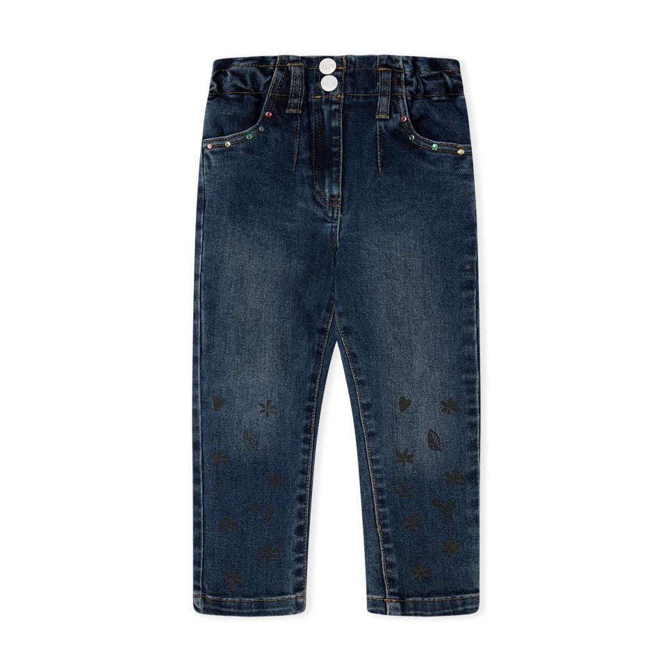 
Pantaloni jeans della Linea Abbigliamento Bambina Tuc Tuc, con elastico in vita e piccoli strass...